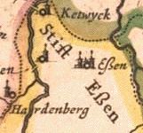 에센의 옛 철자.  ſs 합자로 Eßen으로 표기됨(요한 블라우(Joan Blaeu) 아틀라스, 안티쿠아체로 인쇄된 텍스트, 1650년대).