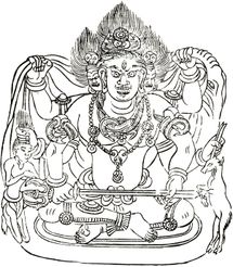 태장계 만다라에 묘사된 마하칼라. 코끼리 가죽, 칼, 사람, 염소를 들고 있다