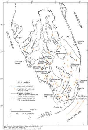 개발 이전 오키초비 호수(Lake Okeechobee)에서 플로리다 만(Florida Bay)으로의 물 흐름 방향. 출처: 미국 지질조사국