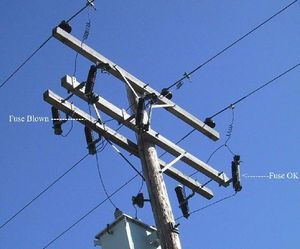 하나의 퓨즈가 끊어진 폴탑 퓨저블 차단기 세트(왼쪽의 흰색 튜브가 아래로 처져 있음). 변압기를 보호한다.