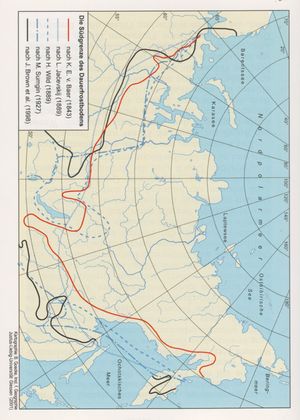 카를 에른스트 폰 배어(1843) 및 다른 저자들에 따른 유라시아의 영구동토 남쪽 한계선.