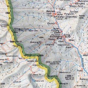 1923년 인도 측량국(Survey of India) 지도: 남동부 시킴과 좀비 계곡(Chumbi Valley) 하부. 나투 라(Natu La)는 수레길이 지나는 곳으로 표시되어 있다.