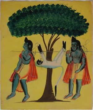 같은 시대의 칼리가트 회화. (회색랑구르의 모습을 한) 하누만이 힌두교 서사시 라마야나의 우타라칸다에서 라바와 쿠샤에게 사로잡히는 장면을 묘사하고 있습니다.