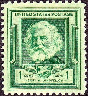 1940년 발행된 최초의 롱펠로 우표(Longfellow stamp). 메인주 포틀랜드에서 1940년 2월 16일에 발행되었다.