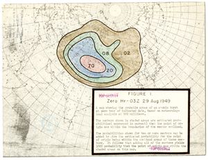 1949년 9월 미국 기상국이 예측한 소련의 첫 원자폭탄 실험 장소. 각 색상 구역은 해당 지역 내에서 폭탄이 폭발했을 확률을 나타낸다.