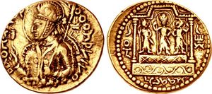 시종들과 함께 있는 마하세나(후비슈카 금화)