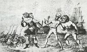 1835년 제임스 에이킨(James Akin)의 풍자 만화. 앤드루 잭슨 대통령이 왕관이 떨어지려는 프랑스 국왕 루이 필리프 1세에게 도전하는 모습을 보여준다. 잭슨은 해왕 넵투누스의 조언을 받고 미국 군함의 지원을 받고 있다. 왼쪽에는 미국인을 비난하는 작은 개구리로 묘사된 프랑스 정치인들이 있다.