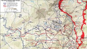 바우그네즈 삼거리의 무장친위대 캠프그룹페 파이퍼의 이동 경로: 중앙 근처의 검은색 원은 1944년 12월 17일 벨기에 말메디에서 84명의 미 육군 포로를 학살한 장소를 나타냅니다.