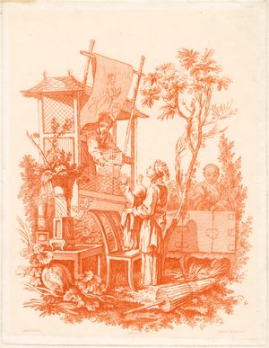 프랑수아 부셰를 따른 익명의 화가(프랑스)의 "새장 속 새를 향해 손을 뻗는 아이" (19세기, 판화 및 에칭)