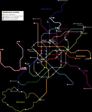 3호선, 5호선, 11호선의 현재 계획된 연장선을 포함한 마드리드 지하철 임시 네트워크 다이어그램