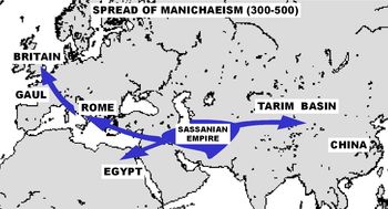 마니교의 전파 경로 (기원후 300~500). 지도의 참고 문헌: World History Atlas, Dorling Kindersly.