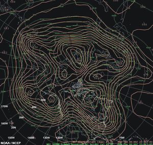 경도풍: 2003년 10월 23일의 경도풍 패턴은 500hPa 고도 패턴에서 증폭된 저기압과 고기압을 보여준다.