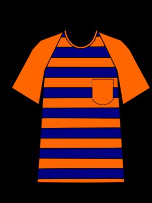 오렌지 색상의 나그랑 무지 소매, 오렌지와 파란색 줄무늬 몸통, 오렌지 무지 포켓으로 구성된 반팔 티셔츠