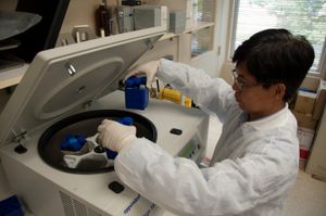 원심분리기를 사용하여 전혈을 구성 요소로 분리하여 보관 및 운반합니다.