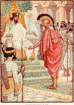 월터 크레인의 그림. 아르타크세르크세스 왕 앞에 조용히 서 있는 테미스토클레스