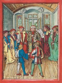 바젤 시청에서 밀라노 특사가 막시밀리안 1세의 대표단에게 평화 제안을 제시하고 있으며, 루체른 대표자(전열 좌측, 청백색 드레스)가 그것을 번역하고 있다. (루체른 실링 참조)