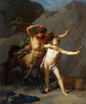 장-바티스트 르노(Jean-Baptiste Regnault) (1754–1829): 아킬레우스의 교육(L'Éducation d'Achille par le centaure Chiron), 1782년. 루브르 박물관(Musée du Louvre), 파리. 키론이 아킬레우스에게 궁술을 가르치고 있다.