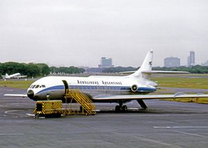1972년 부에노스아이레스 호르헤 뉴베리 공항(Aeroparque Jorge Newbery)에 있는 아에롤리네아스의 수드 카라벨