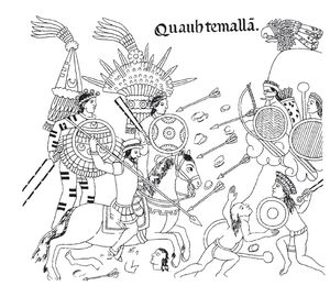 틀락스칼라 연대기는 과테말라 정복 당시의 전투를 묘사한다. 정복자가 이끄는 인디언 지원군(왼쪽)과 마야인(오른쪽) 모두 마쿠아우이틀을 휘두르고 있다.