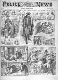 1888년 11월 24일자 일러스트레이티드 경찰 뉴스(The Illustrated Police News) 판. 켈리 살해 당일 새벽 2시 45분경 켈리와 함께 있던 인물에 대한 조지 허친슨의 진술 묘사가 실려 있다.