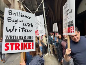 2023년 뉴욕시에서 파업 중인 작가들이 만든 피케트 라인. 마블 스튜디오(Marvel Studios) 디즈니+(Disney+) TV 쇼 데어데블: 본 어게인(가제 Out the Kitchen) 촬영 현장 밖에서.