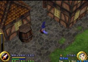 저녁 시간의 무사시 게임 플레이 화면. 왼쪽 하단 막대는 무사시의 체력과 빈초 에너지를 보여준다.