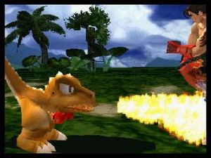 철권 3에서 진 카자마를 상대로 불을 내뿜는 곤