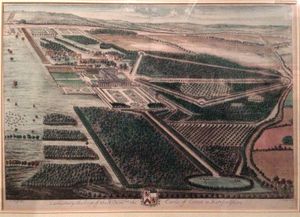 카시오버리 저택(Cassiobury House) 부지, 요하네스 킵(Johannes Kip)과 레오나르드 크나이프(Leonard Knyff)의 판화(1707년), 현재 워트퍼드 박물관(Watford Museum) 소장