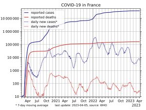 로그 스케일로 나타낸 확진자 수(파란색)와 사망자 수(빨간색)