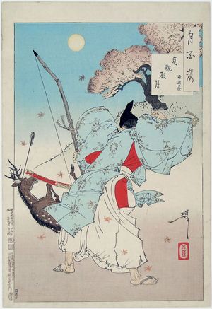 쓰키오카 요시토시(Tsukioka Yoshitoshi)의 우키요에(ukiyo-e), 미나모토노 쓰네모토(Minamoto no Tsunemoto)가 유미(yumi)로 시카 사슴을 사냥하는 모습 묘사