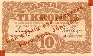 1940년 6월 상쇄 인쇄된 덴마크 10크로네 지폐