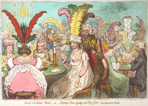 영국의 풍자화가 제임스 길레이는 고다이바 부인의 패배—혹은—피핑 톰의 교황 요한 엿보기(1796년)에서 당시 유행을 풍자하며 고다이바 전설을 활용했다.