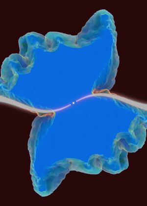 중심별에서 양쪽 방향으로 뻗어나가는 흰색의 길쭉한 S자형 곡선이 있다. 나비 모양의 영역이 S자형을 둘러싸고 있으며, S자형은 나비의 몸통에 해당한다.