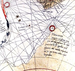 메르카토르의 1541년 지구본의 자침 방위선