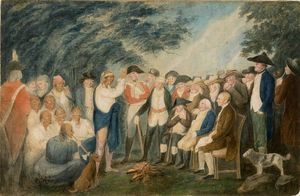 1793년 대 인디언 회의(Lewis Foy). 암허스트버그 근처 회의를 묘사하고 있다. 오른쪽부터 왼쪽으로 의자에 앉은 사람들은 미국 위원인 티머시 피커링, 벤자민 린컨, 베벌리 랜돌프이다. 붉은색 옷을 입은 영국 장교는 알렉산더 맥키 또는 매슈 엘리엇일 수 있으며, 원주민 연설자는 캐리-원-어바웃일 수 있다.