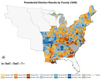 카운티별 결과(각 카운티에서 승리한 후보의 득표율을 명시적으로 나타냄). 노란색 계열은 해리슨(휘그당), 파란색 계열은 반 뷰렌(민주당)을 나타냅니다.