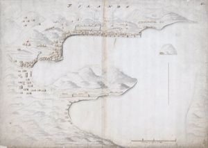 1621년 히라도 만 지도. 네덜란드(우) 및 영국(좌) 동인도회사 무역소가 표시되어 있다.