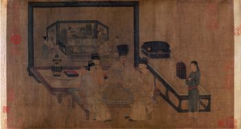 쌍병풍 바둑 그림, 이경(李璟)이 형제들과 위기를 두는 모습을 묘사한 그림. 주문주(周文矩, 활동 기간 942~961) 작