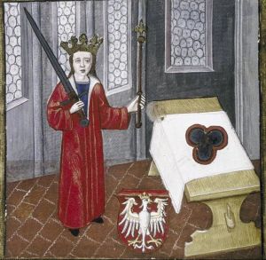 15세기 기도서에 묘사된 어린 브와디스와프 3세. 방패에는 폴란드 백수리가 보인다.