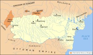 1390년경 블라드 3세의 할아버지인 미르체아 1세가 다스리던 영토 (다뉴브 강 오른쪽 영토는 블라드 통치 이전에 오스만 제국에 넘어감)