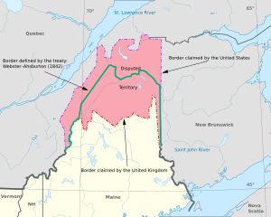 동부 지역 합의. 분쟁 지역은 빨간색으로, 조약에 의해 확정된 경계는 녹색으로 표시됨.