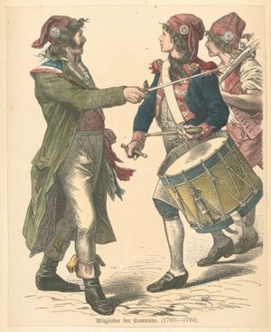 붉은 모자(bonnet rouge)와 삼색 장식을 착용한 프랑스 혁명가들