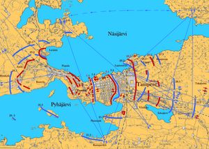탐페레 전투의 지도. 백군 포병의 사격 목표가 포함되어 있다.