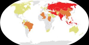 1997년부터 2006년까지 세계보건기구(WHO)에 보고된 디프테리아 환자 수