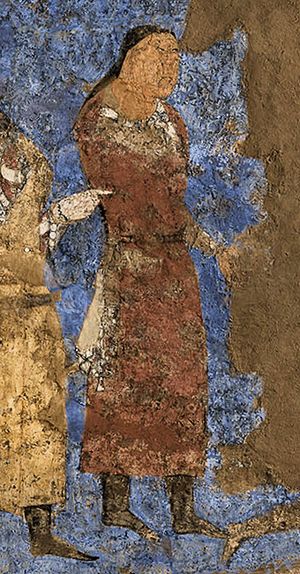 서돌궐 장교들. 그중 한 명은 현 신장 위구르 자치구의 카라샤르 출신 아르기(Argi) 출신으로 표시되어 있으며, 사마르칸드의 바르쿠만 왕이 사절을 접견하는 모습에 참석하고 있다. 아프라시아브 벽화, 7세기.