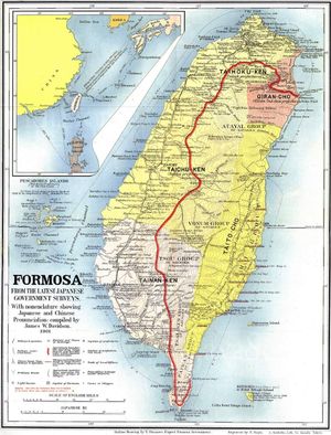 1901년 대만 지도. 남쪽에 루카이족이 "Tsalisen Group of Savages"로 표기되어 있다.