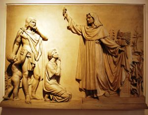 미겔 노레냐가 그린 프레이 바르톨로메 데 라스 카사스, 아즈텍 가족을 개종시키다