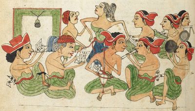 1804년 수라바야(Surabaya)에서 베껴 쓴 세랏 셀라라사(Serat Selarasa) 사본의 세부 사항. 왼쪽 두 인물이 글을 낭송하는 모습을 볼 수 있다.