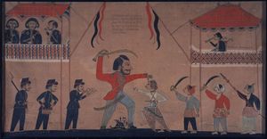 아망쿠라트 2세 (오른쪽 위)가 운퉁 수라파티가 네덜란드 동인도 회사(VOC)의 탁(Tack) 선장과 싸우는 것을 지켜보고 있다.