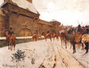 블라디미르 외곽의 골든 호드 몽골군이 도시를 약탈하기 전에 항복을 요구하는 그림